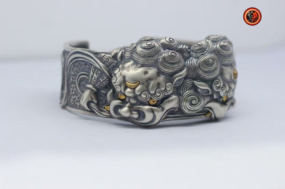 bracelet manchette jonc argent 950 lions gardiens Tang Shi ,protection feng shui jonc réalisé artisanalement - obsidian dragon