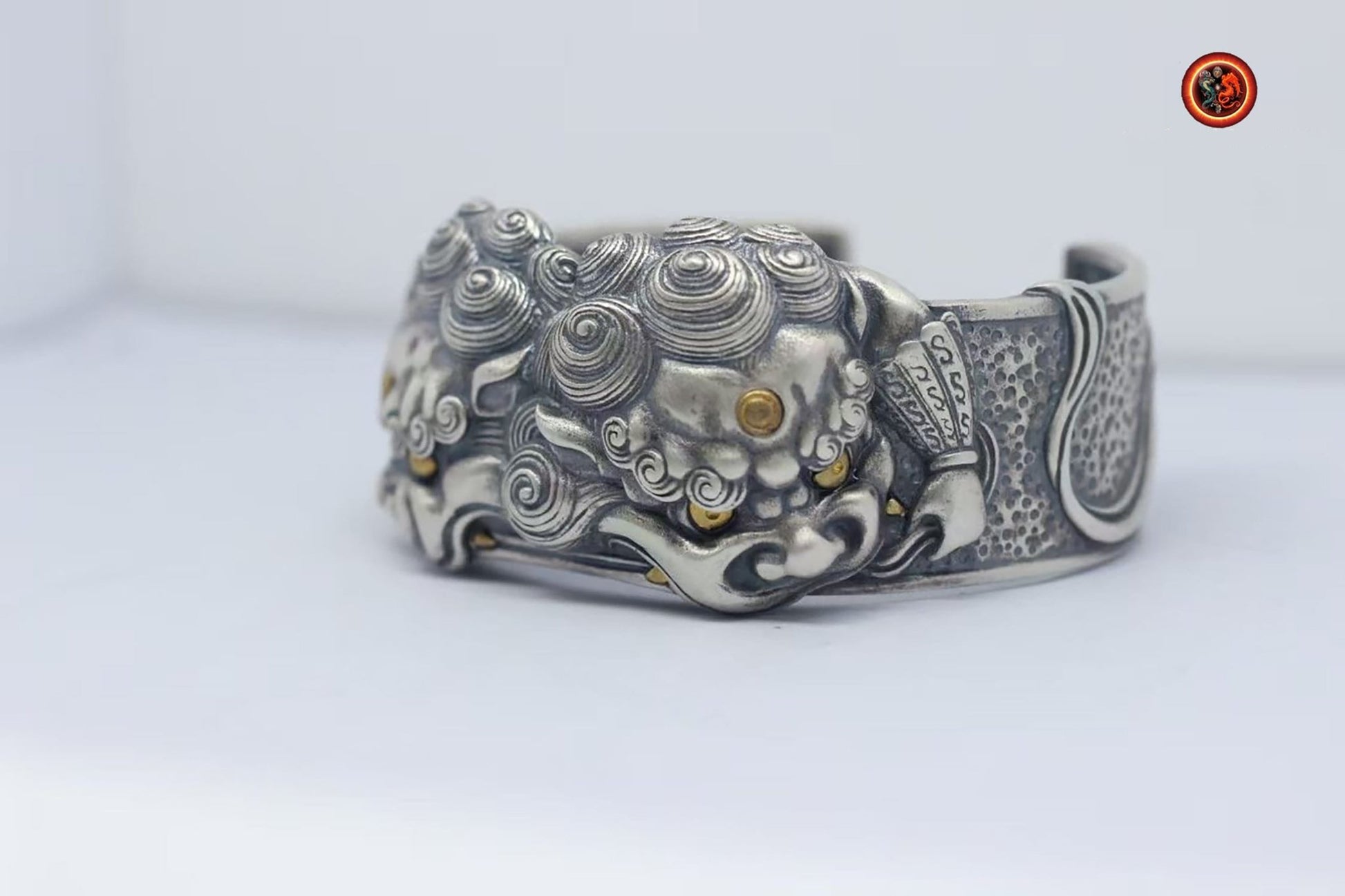 bracelet manchette jonc argent 950 lions gardiens Tang Shi ,protection feng shui jonc réalisé artisanalement - obsidian dragon