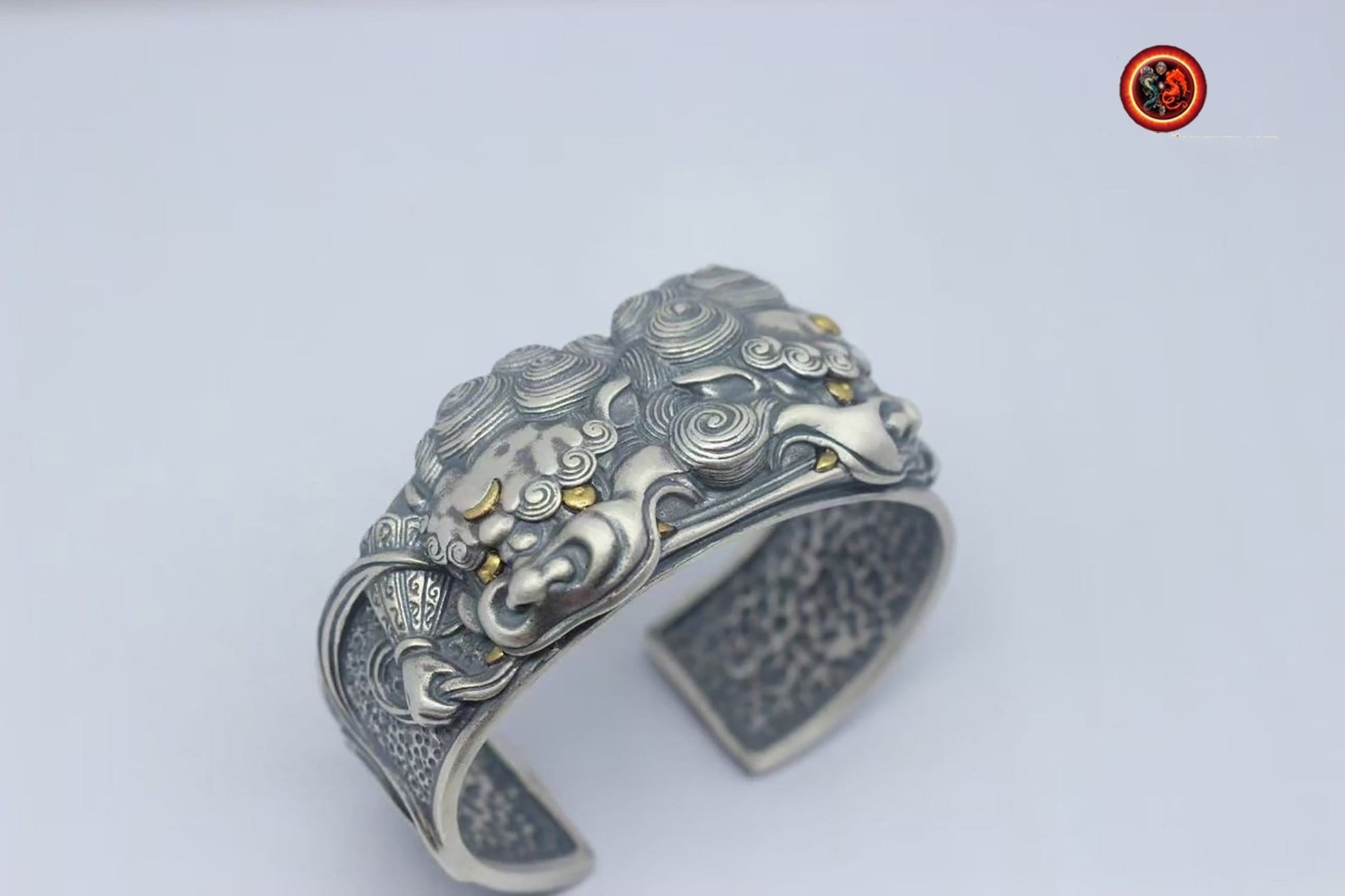 bracelet manchette jonc argent 950 lions gardiens Tang Shi ,protection feng shui jonc réalisé artisanalement - obsidian dragon