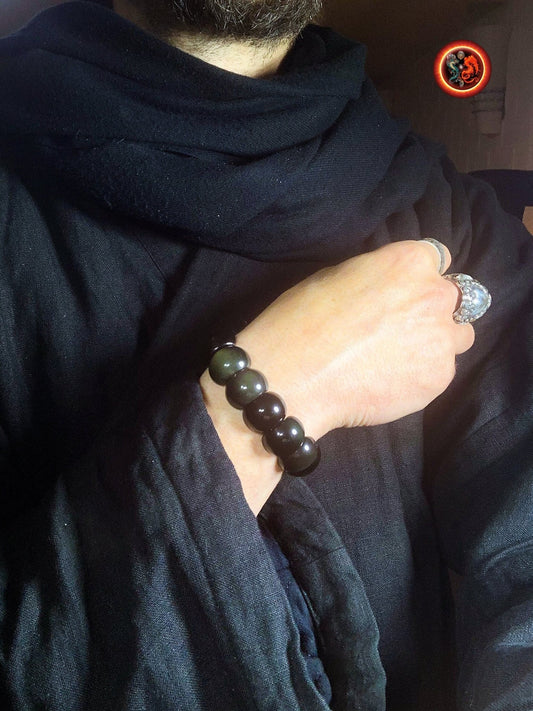 bracelet en obsidienne oeil celeste d'excellente qualité. Originaire du Mexique, naturelle et expertisée. Plaque de 20mm sur 15mm sur 9mm - obsidian dragon