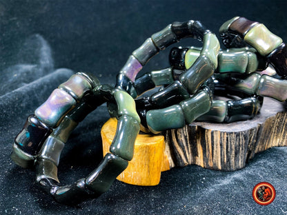 bracelet en obsidienne oeil celeste d'excellente qualité. taille bambou 15 sur 13 sur 9mm. Originaire du Mexique, naturelle et expertisée. - obsidian dragon