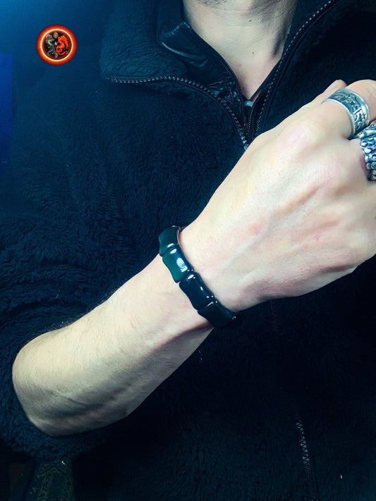 bracelet en obsidienne oeil celeste d'excellente qualité. taille bambou 15 sur 13 sur 9mm. Originaire du Mexique, naturelle et expertisée. - obsidian dragon