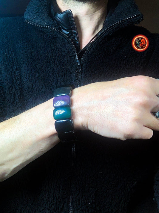 bracelet en obsidienne oeil celeste d'excellente qualité. Originaire du Mexique, naturelle et expertisée. Plaque de 30mm sur 16mm sur 9mm - obsidian dragon
