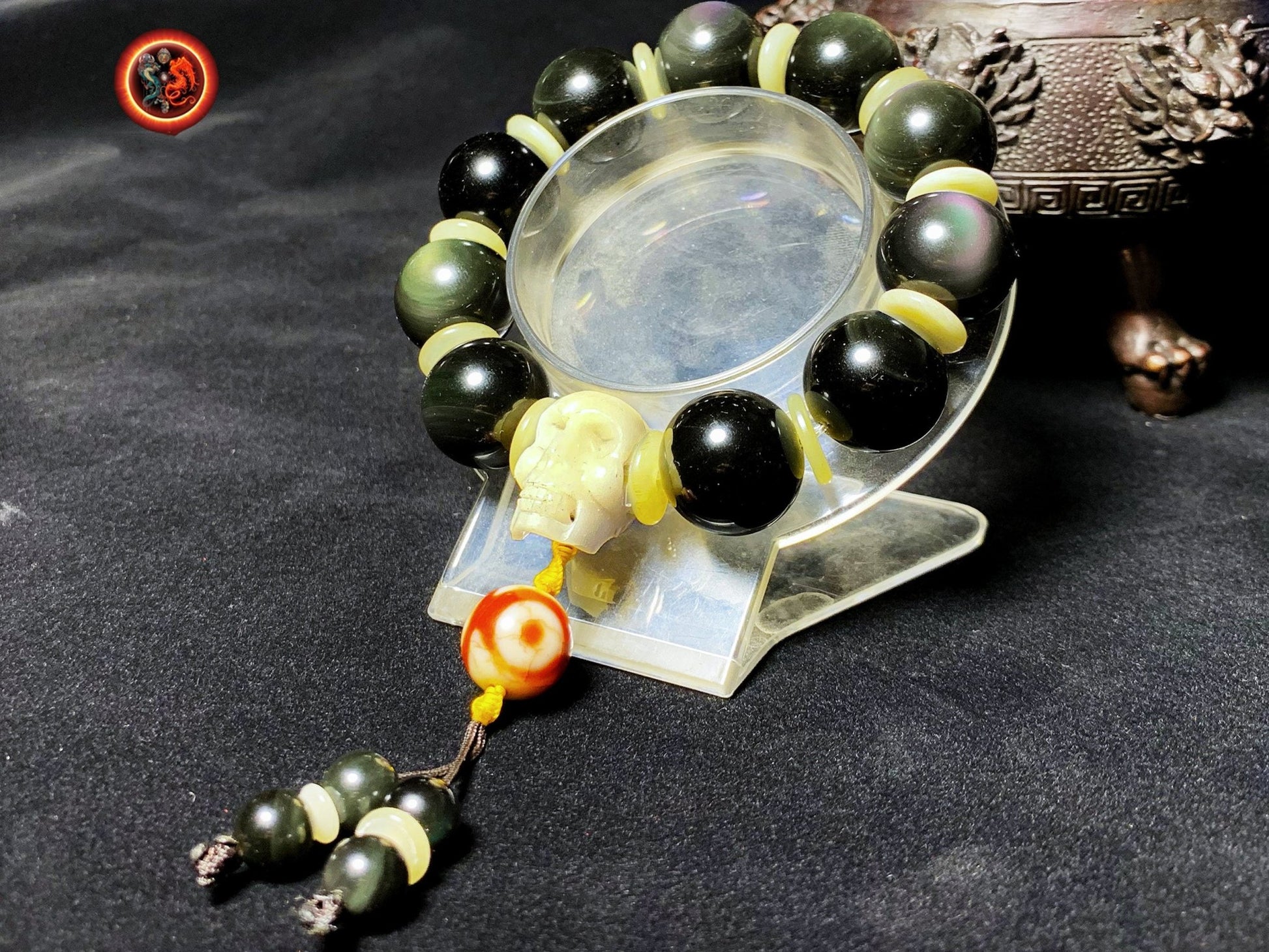 gros bracelet Obsidienne oeil celeste et crâne perles de 18mm de diamètre, os de buffle, agate sacré tibétaine (DZI) - obsidian dragon