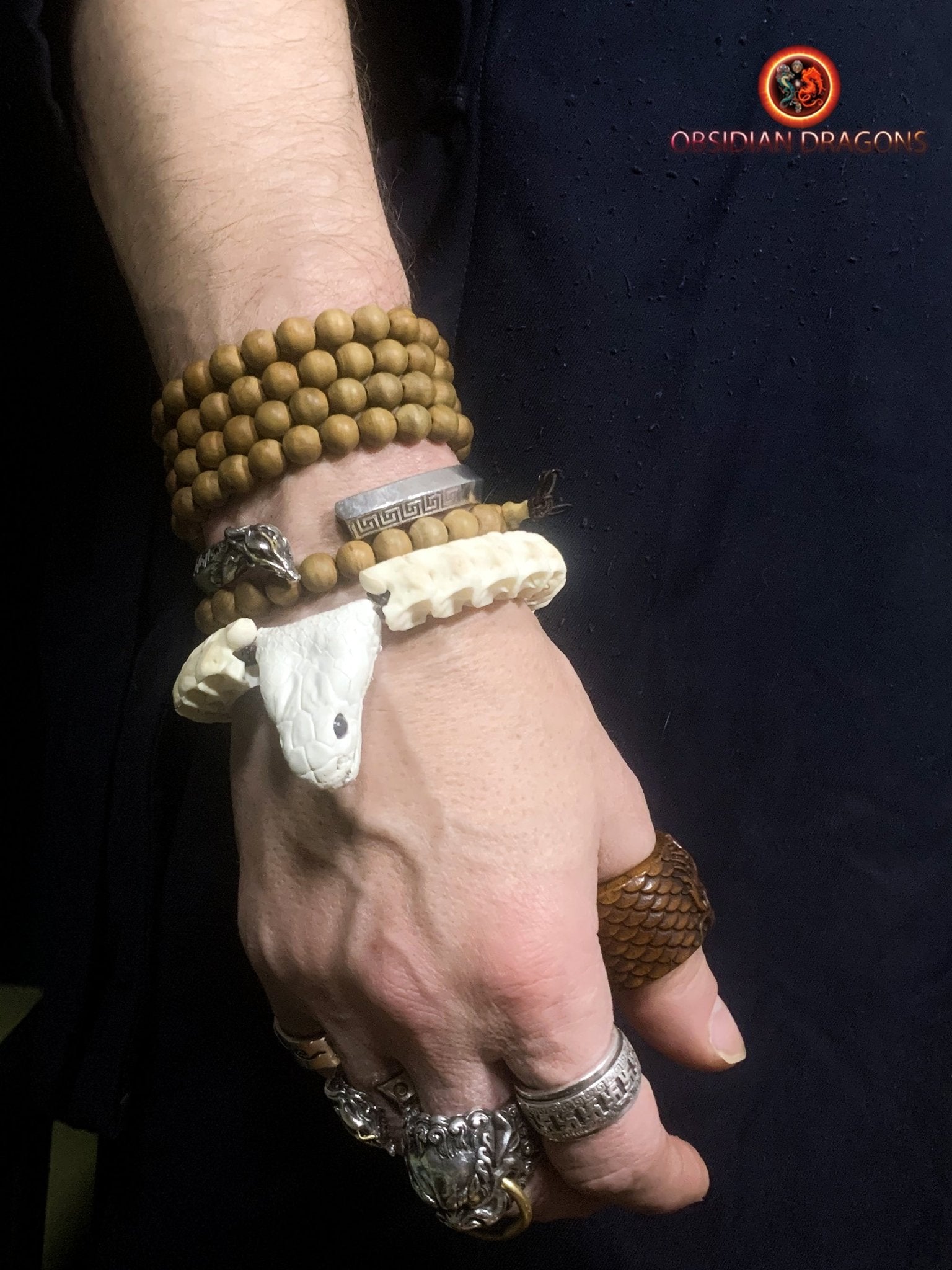 Bracelet en vertèbres de serpent- Tête de cobra naturalisée