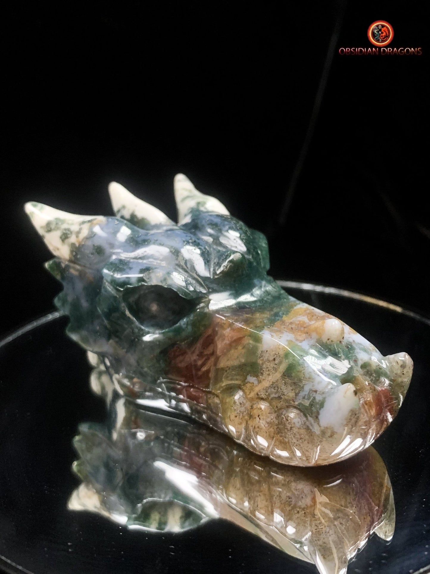 Crâne de dragon sculpté en agate mousse- unique | obsidian dragons