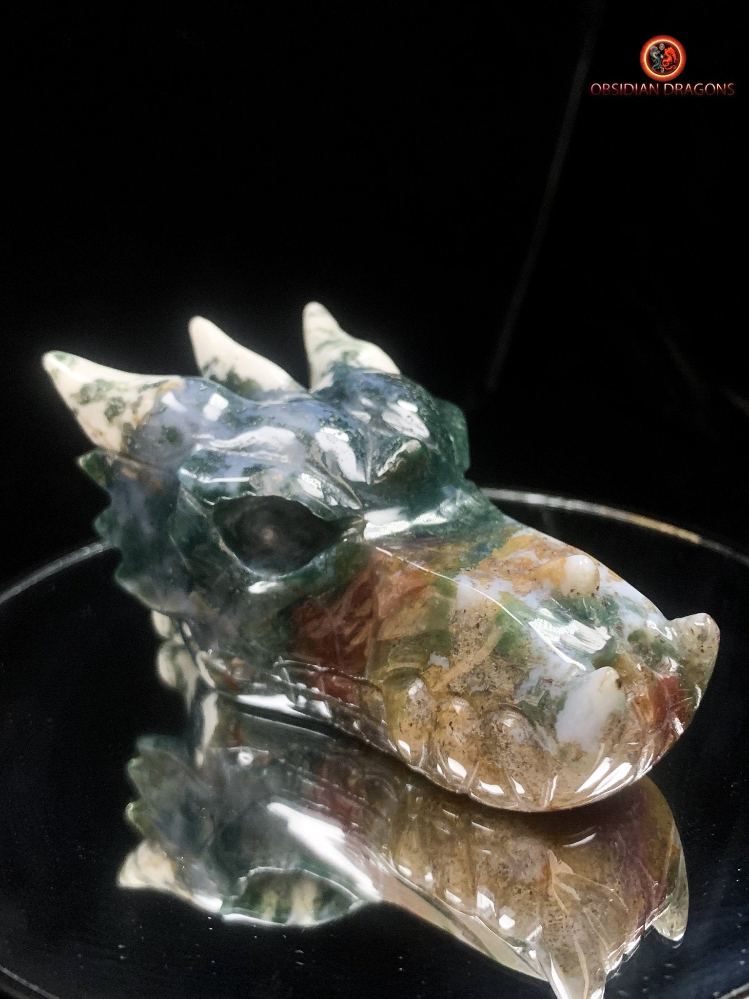 Crâne de dragon sculpté en agate mousse- unique | obsidian dragons