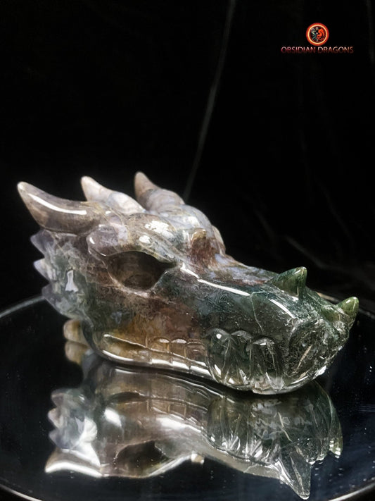 Crâne de dragon sculpté en agate mousse- Rare | obsidian dragons