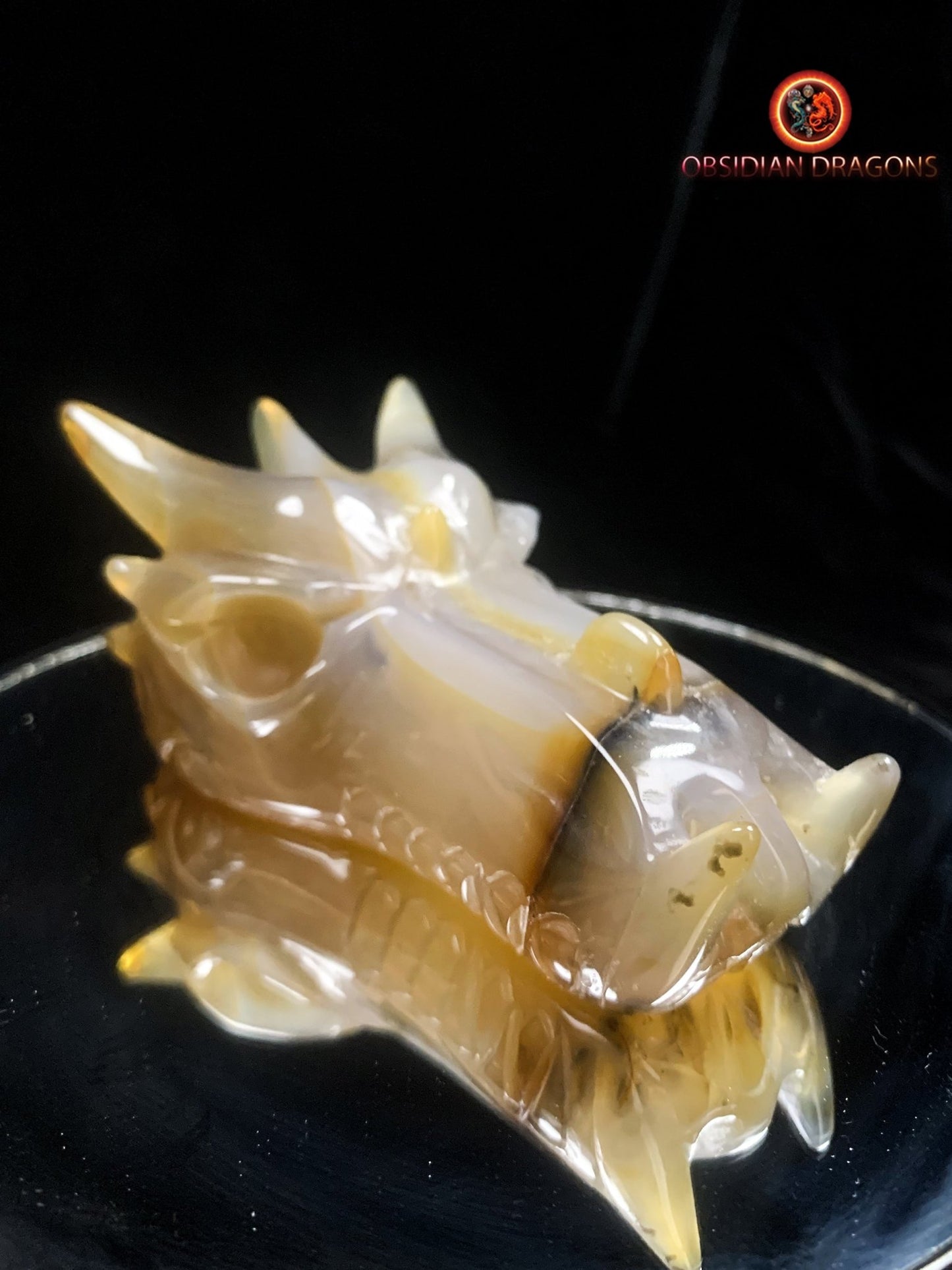 Crâne de dragon sculpté dans une géode de quartz | obsidian dragons