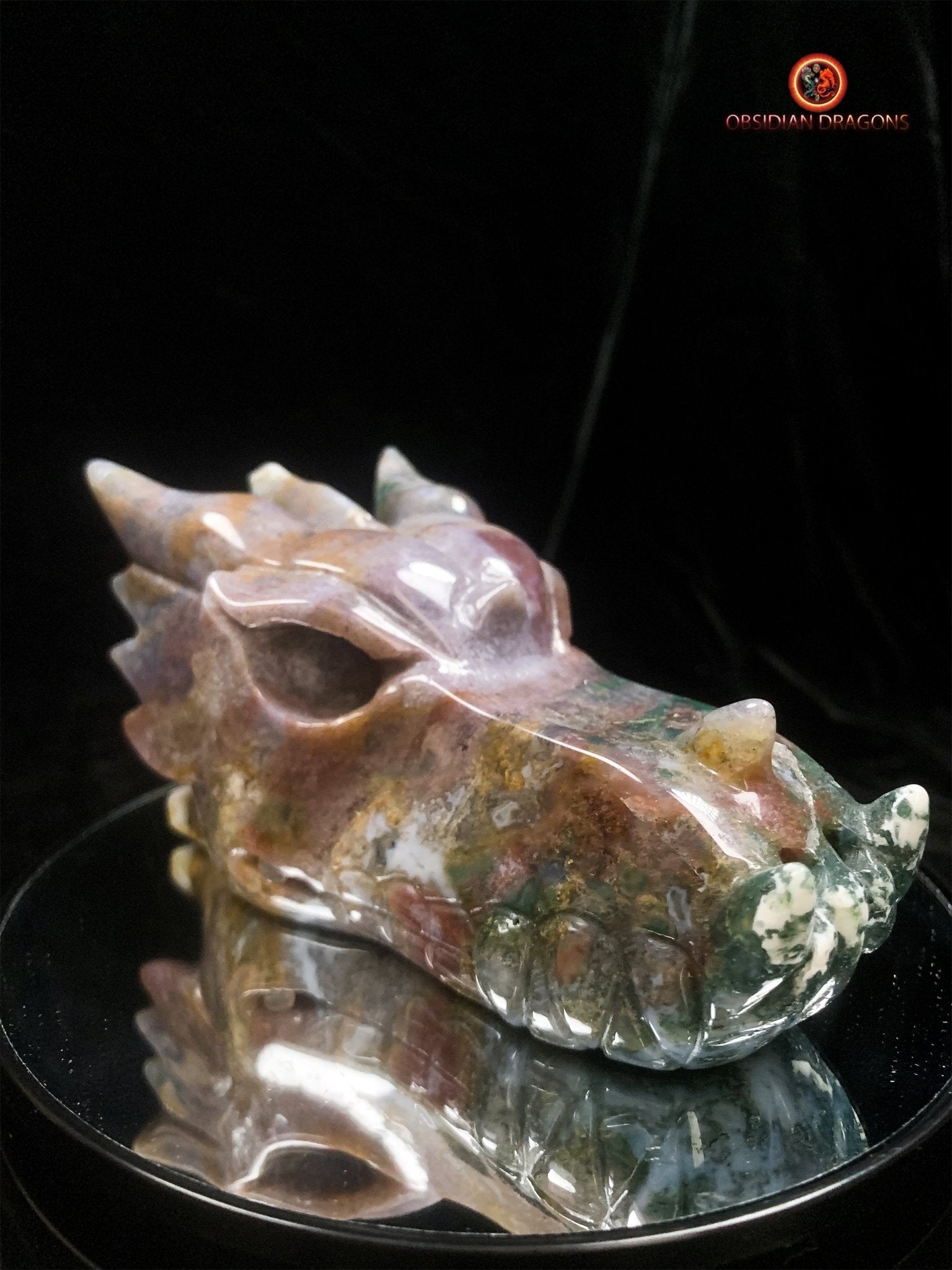 Crâne de dragon en agate mousse | obsidian dragons