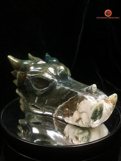 Grand crâne de dragon sculpté en agate mousse- Unique | obsidian dragons