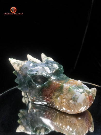 Crâne de dragon sculpté en agate mousse- unique | obsidian dragons