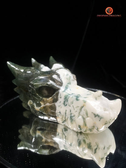 Crâne de dragon sculpté en agate mousse- Artisanal | obsidian dragons