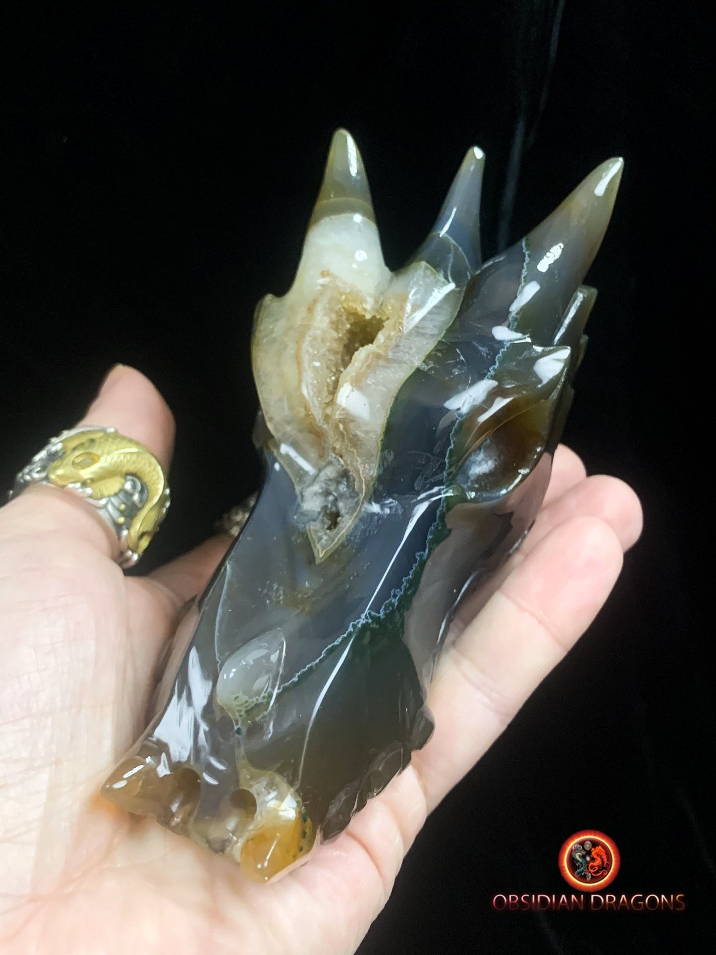 Crâne de dragon- Méditation draconique- Geode de quartz | obsidian dragons