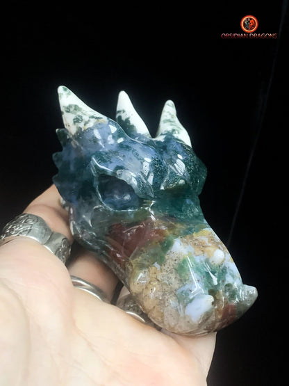 Crâne de dragon sculpté en agate mousse- unique | obsidian dragons