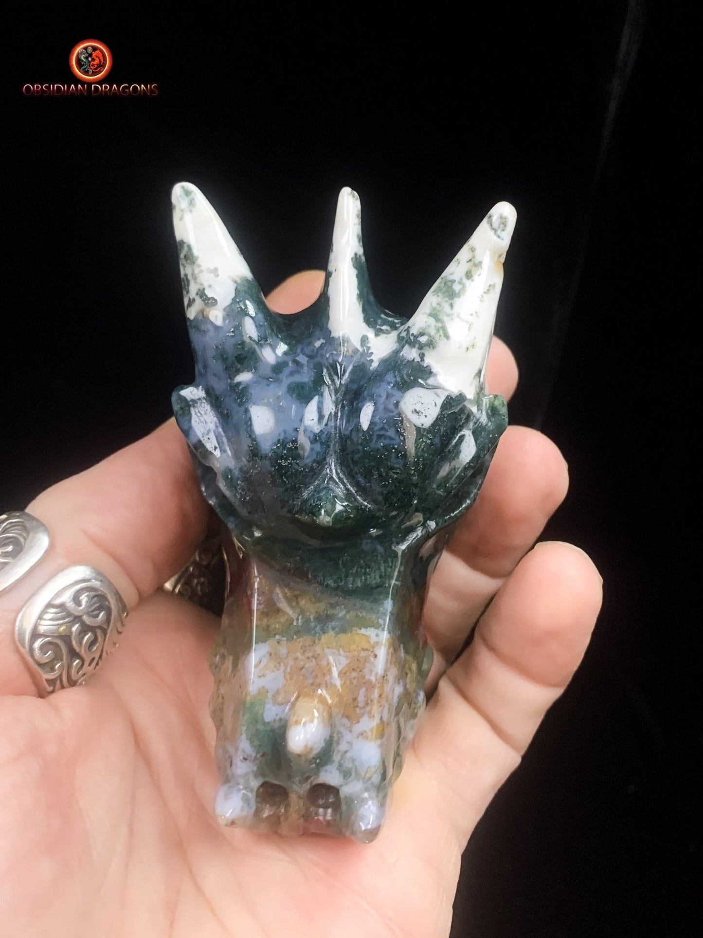 Crâne de dragon sculpté en agate mousse- unique | obsidian dragons