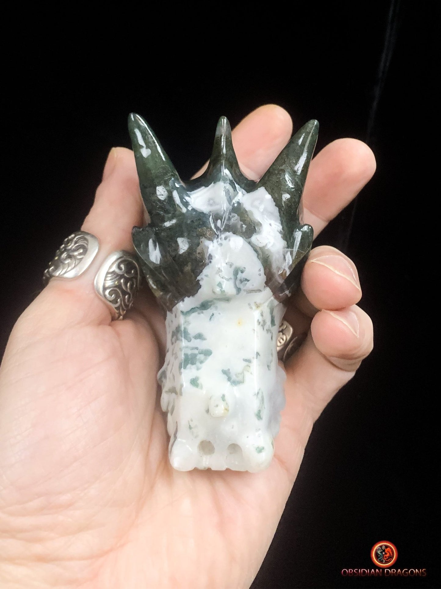 Crâne de dragon sculpté en agate mousse- Artisanal | obsidian dragons