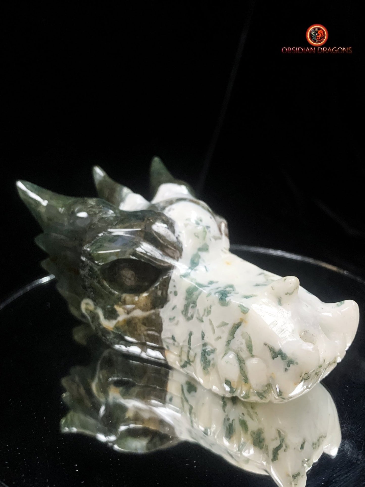 Crâne de dragon sculpté en agate mousse- Artisanal | obsidian dragons