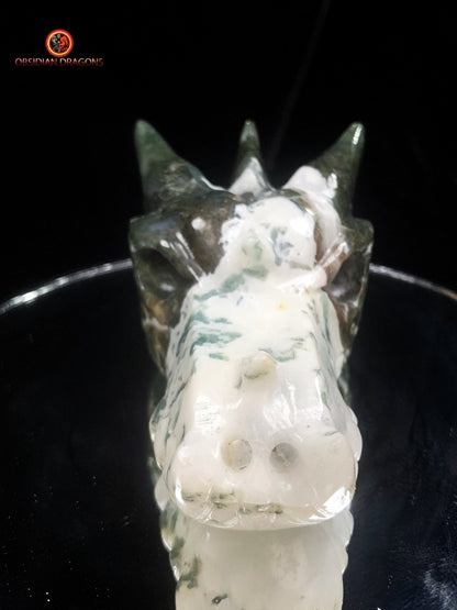 Crâne de dragon sculpté en agate mousse- Artisanal | obsidian dragons