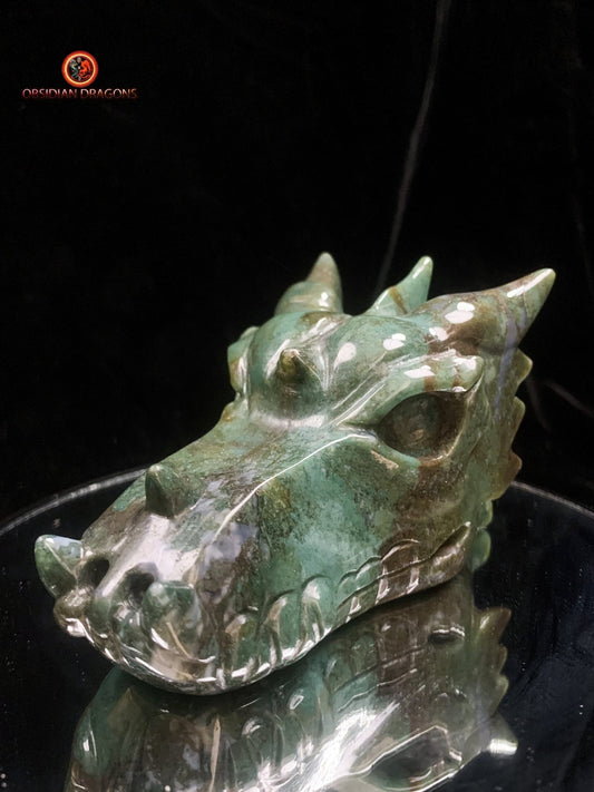 Crâne de dragon sculpté en agate mousse- naturel | obsidian dragons