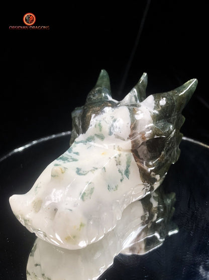 Crâne de dragon sculpté en agate mousse- Artisanal | obsidian dragons