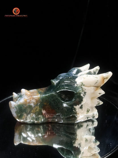 Crâne de dragon sculpté en agate mousse- unique | obsidian dragons