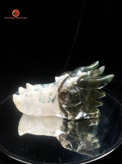 Crâne de dragon sculpté en agate mousse- Artisanal | obsidian dragons