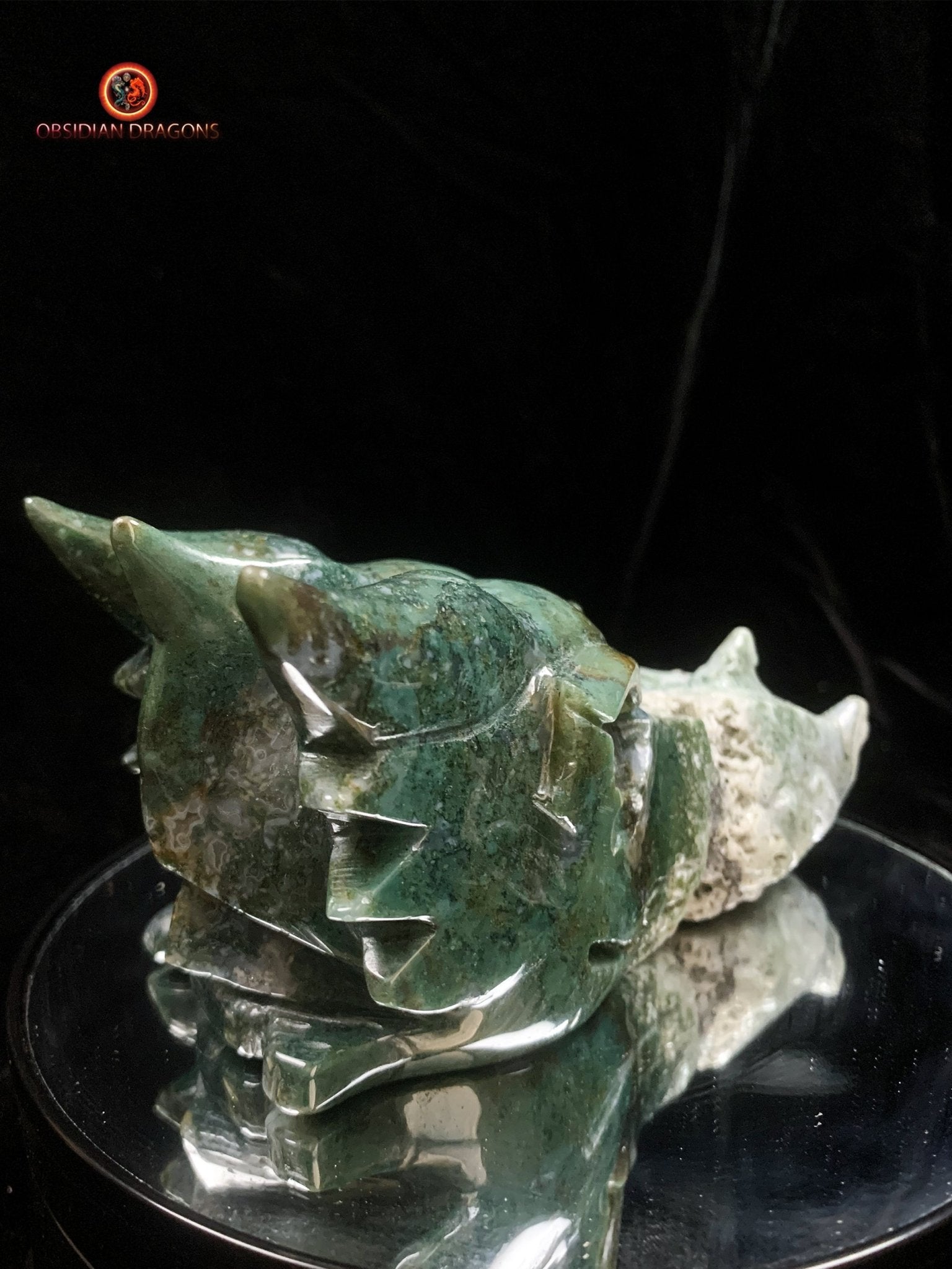 Grand crâne de dragon sculpté en agate mousse | obsidian dragons