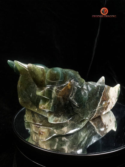 Grand crâne de dragon sculpté en agate mousse- Unique | obsidian dragons