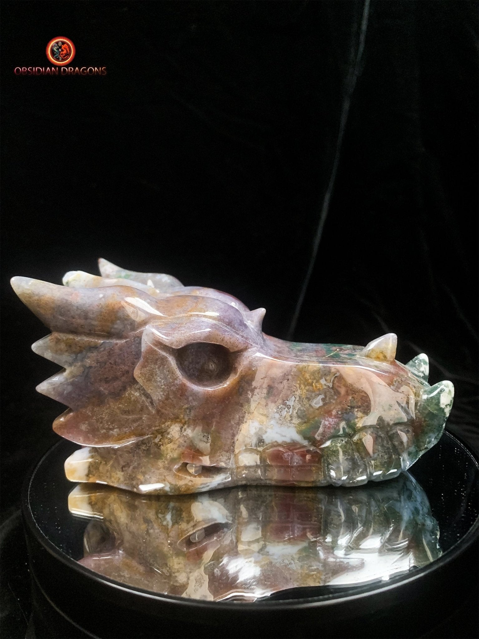 Crâne de dragon en agate mousse | obsidian dragons