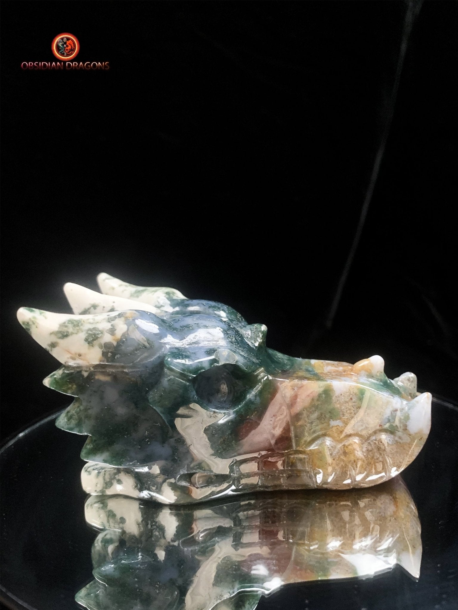 Crâne de dragon sculpté en agate mousse- unique | obsidian dragons