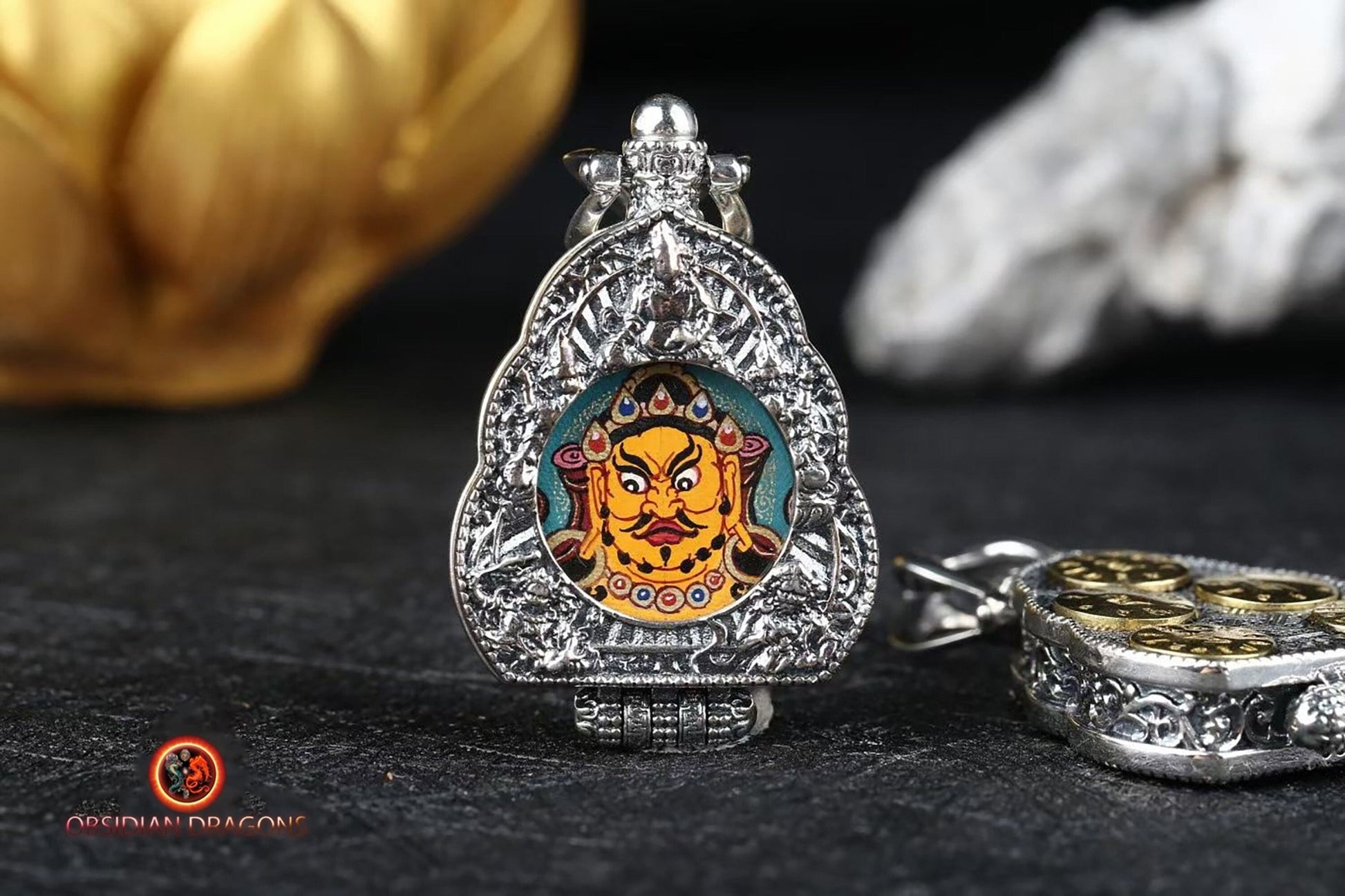 Ghau Tibétain- Tangka artisanal- Jambhala- Mantras de richesses | obsidian dragons