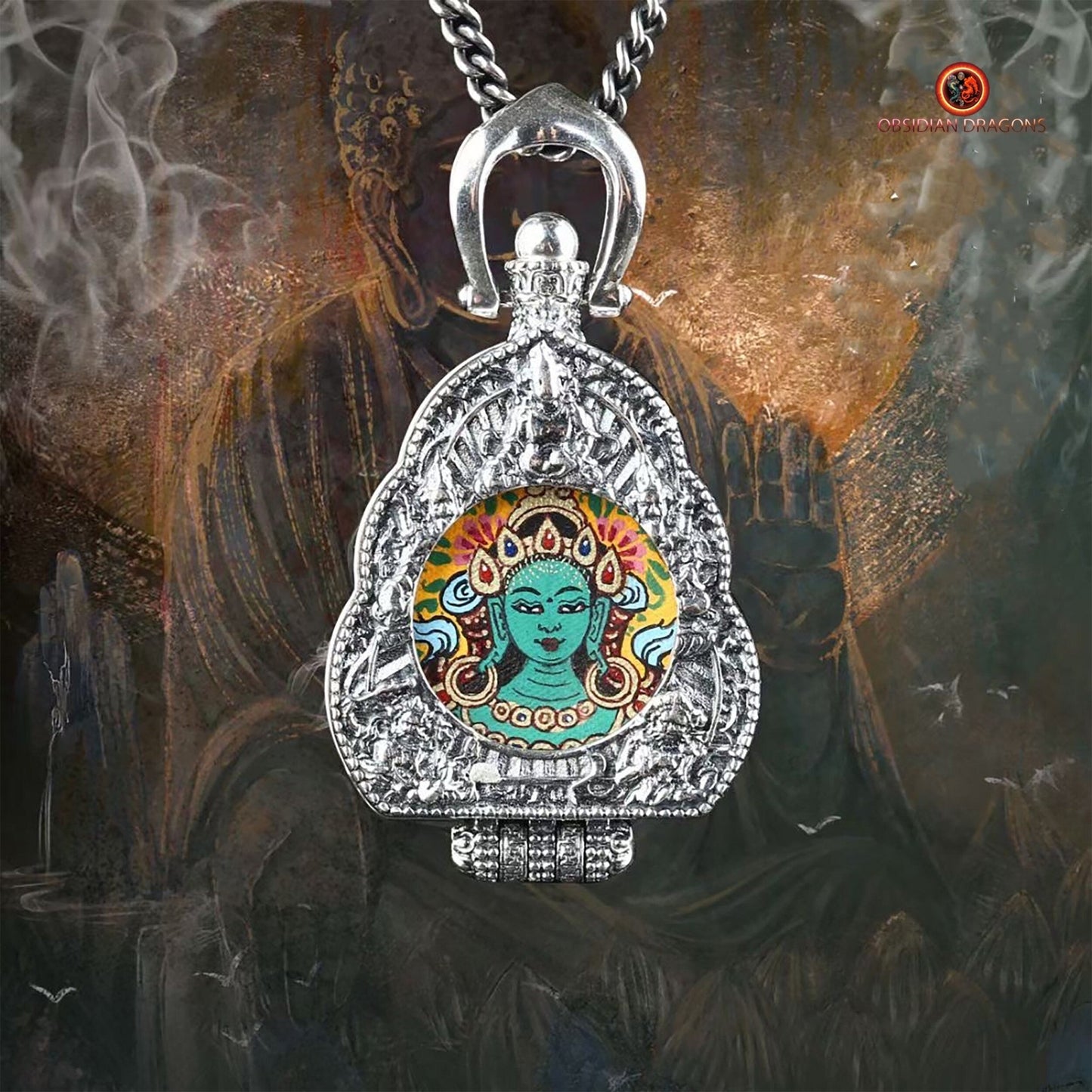 Ghau Tibétain- Tangka artisanal- Tara- Mantras de richesses - obsidian dragons