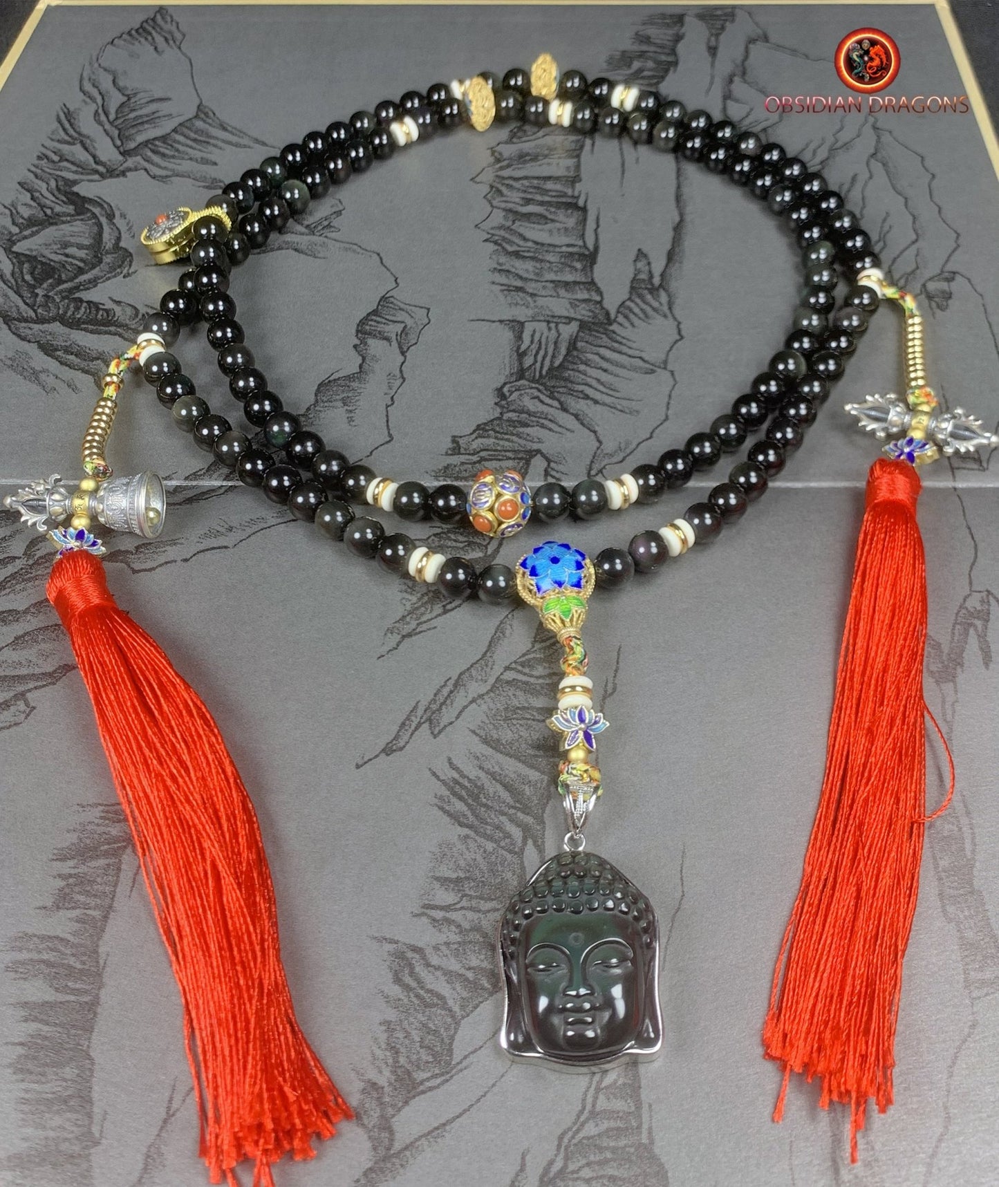 Mala artisanal en obsidienne oeil celeste- Pendentif bouddha