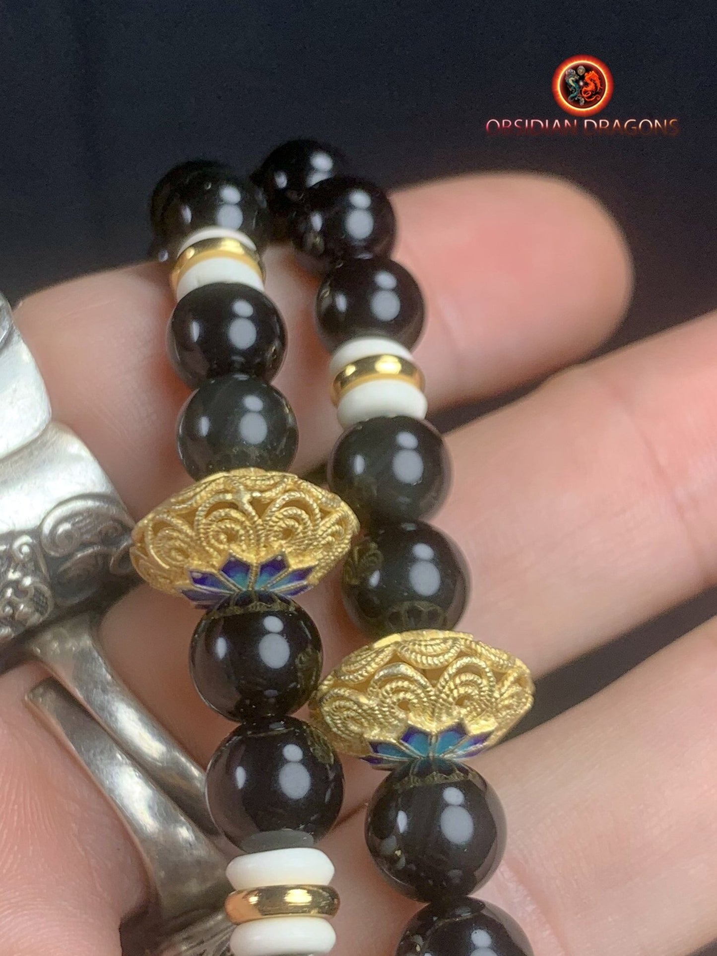 Mala artisanal en obsidienne oeil celeste- Pendentif bouddha