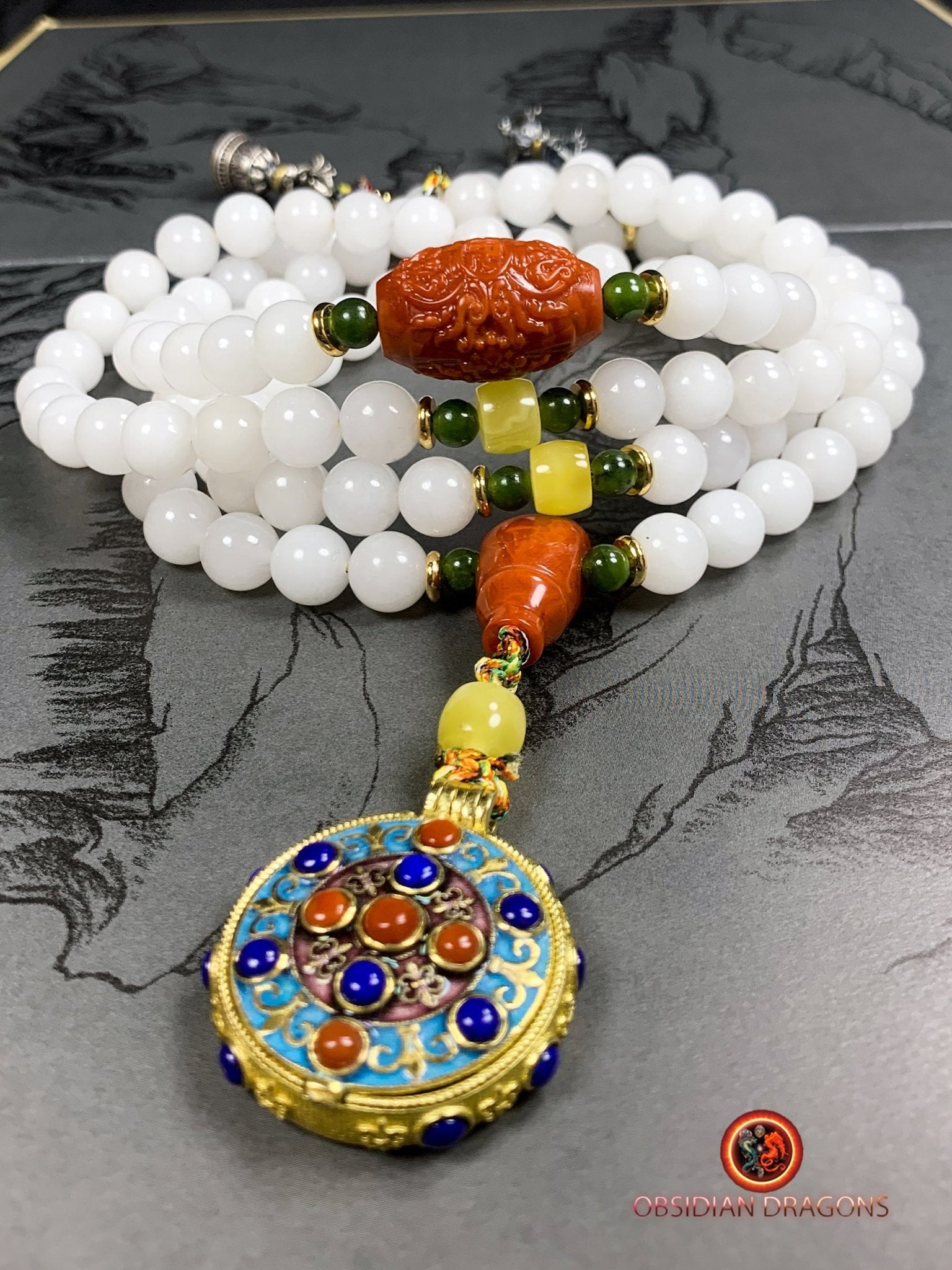 mala en jade blanc- ambre- agate nan hong