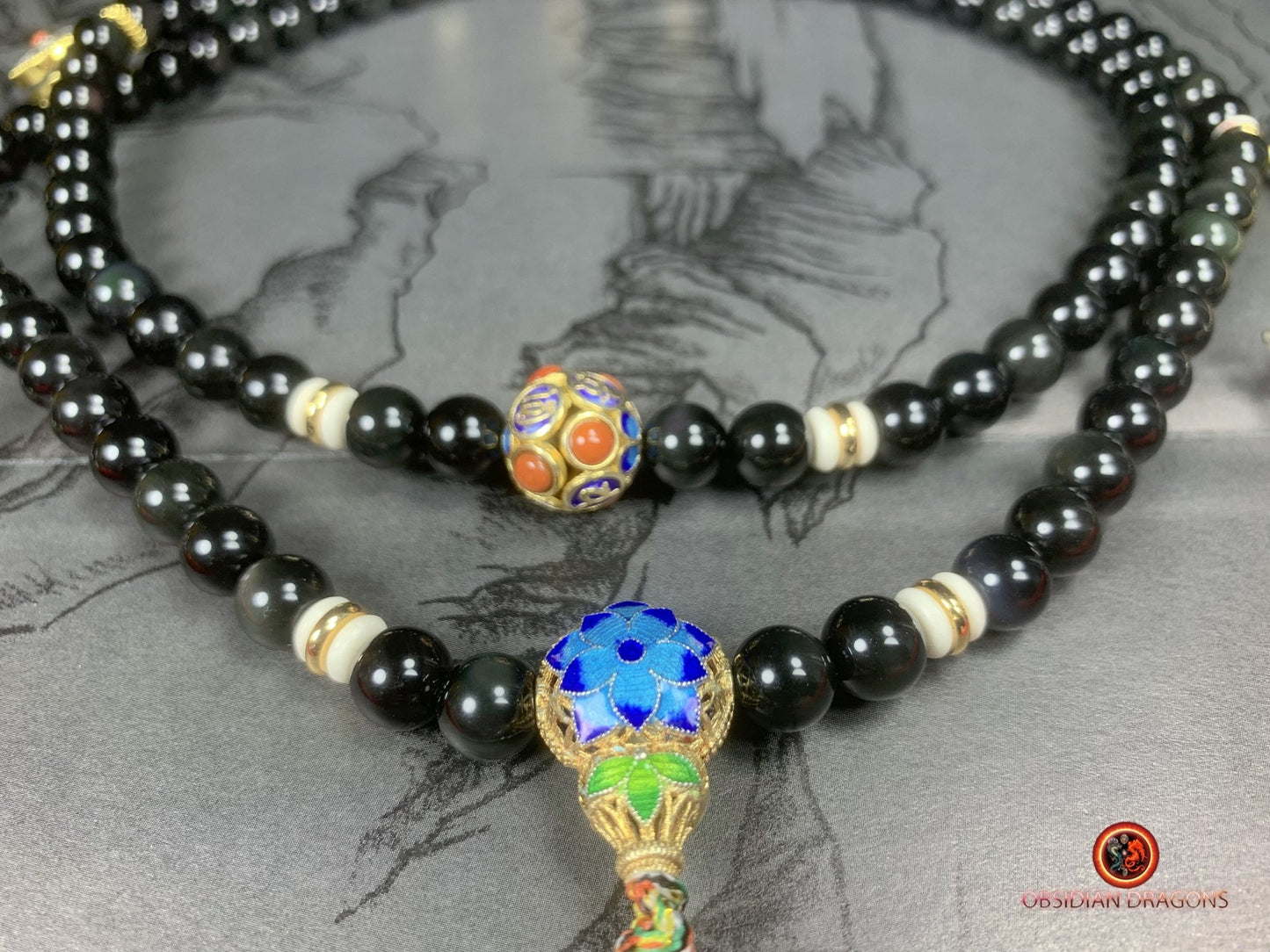 Mala artisanal en obsidienne oeil celeste- Pendentif bouddha