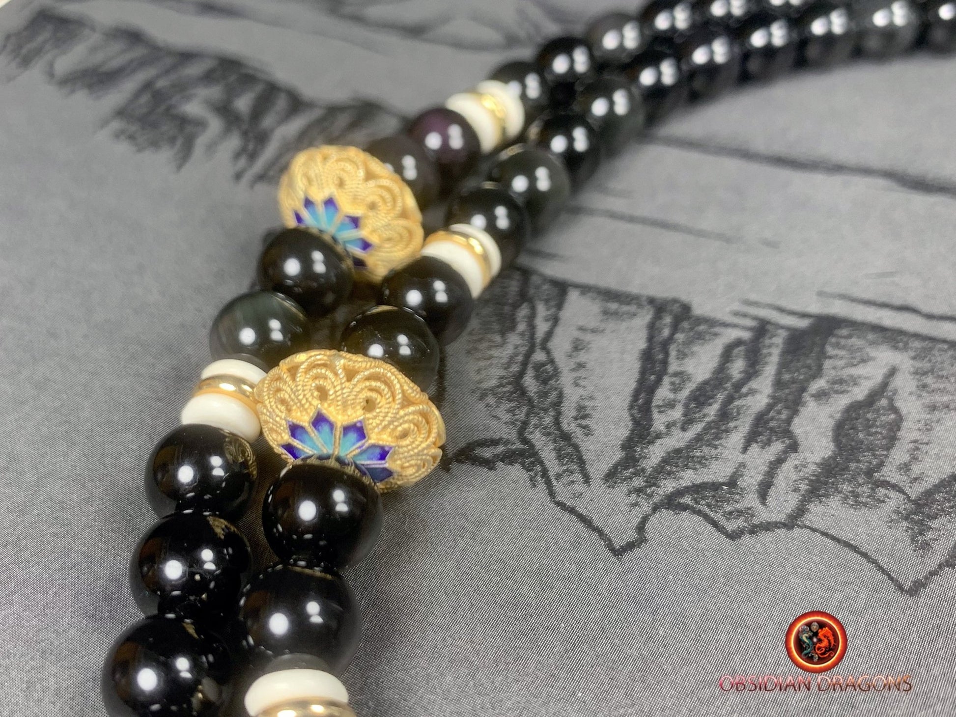 Mala artisanal en obsidienne oeil celeste- Pendentif bouddha