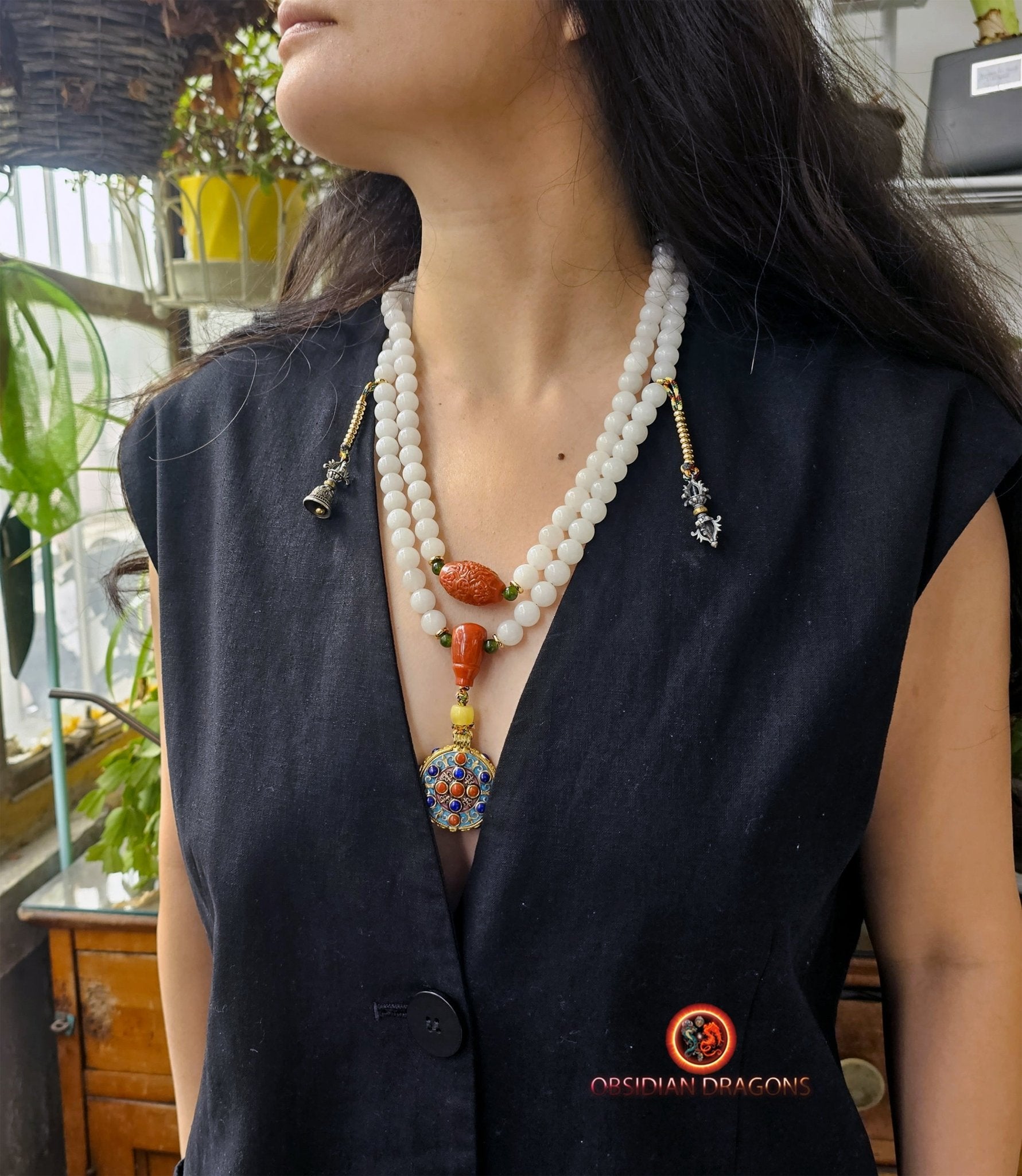 mala en jade blanc- ambre- agate nan hong