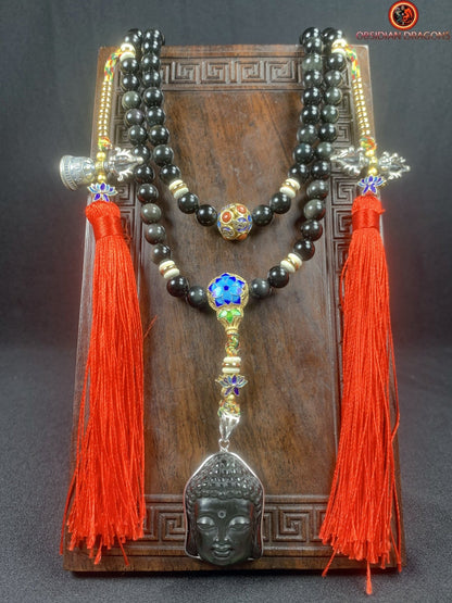 Mala artisanal en obsidienne oeil celeste- Pendentif bouddha