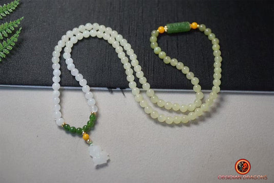 Chapelet mala en jade naturel. Collier de prière et de méditation bouddhiste - obsidian dragon