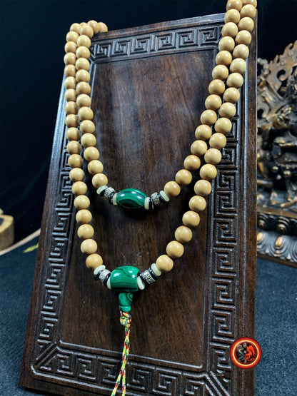 mala chapelet de méditation bouddhiste 108 perles santal rare et exceptionnel dit de "Laoshan", malachite, argent 925, os et corne de buffle - obsidian dragon