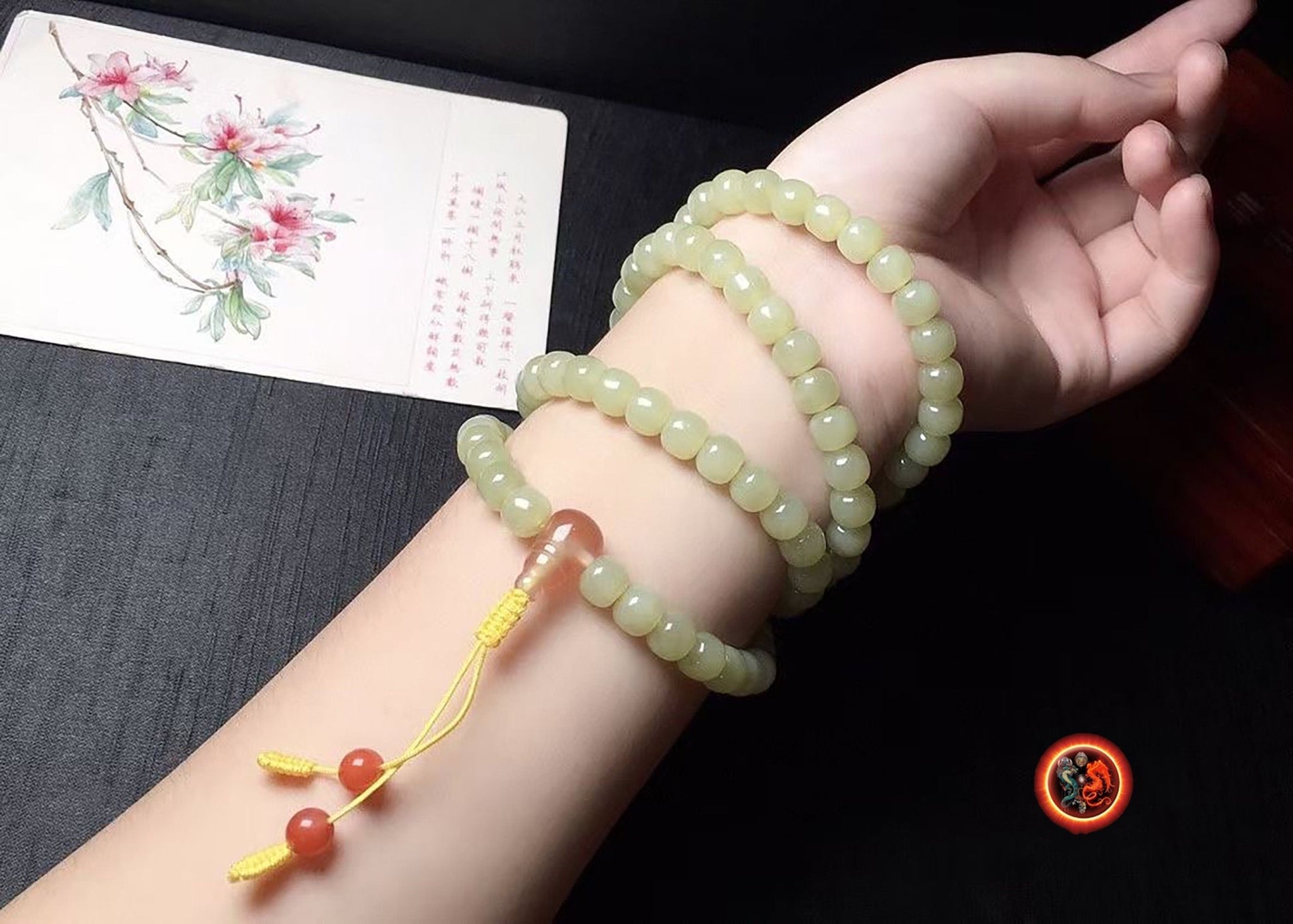 Mala chapelet bouddhiste Prière et méditation 108 perles de jade Nephrite exceptionnel entièrement naturel sans aucun traitement expertisé - obsidian dragon