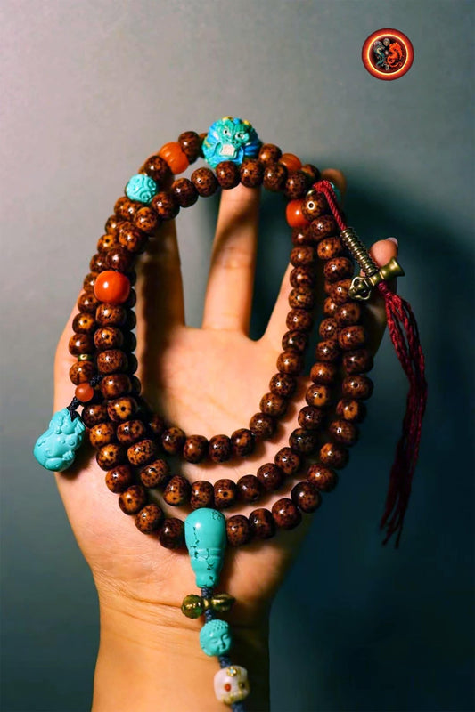 Mala chapelet bouddhiste 108 perles de pipal (bodhi). Turquoise. Agate nan hong du Yunnan. Dragon en bois de cerf. mala traditionnel. - obsidian dragon