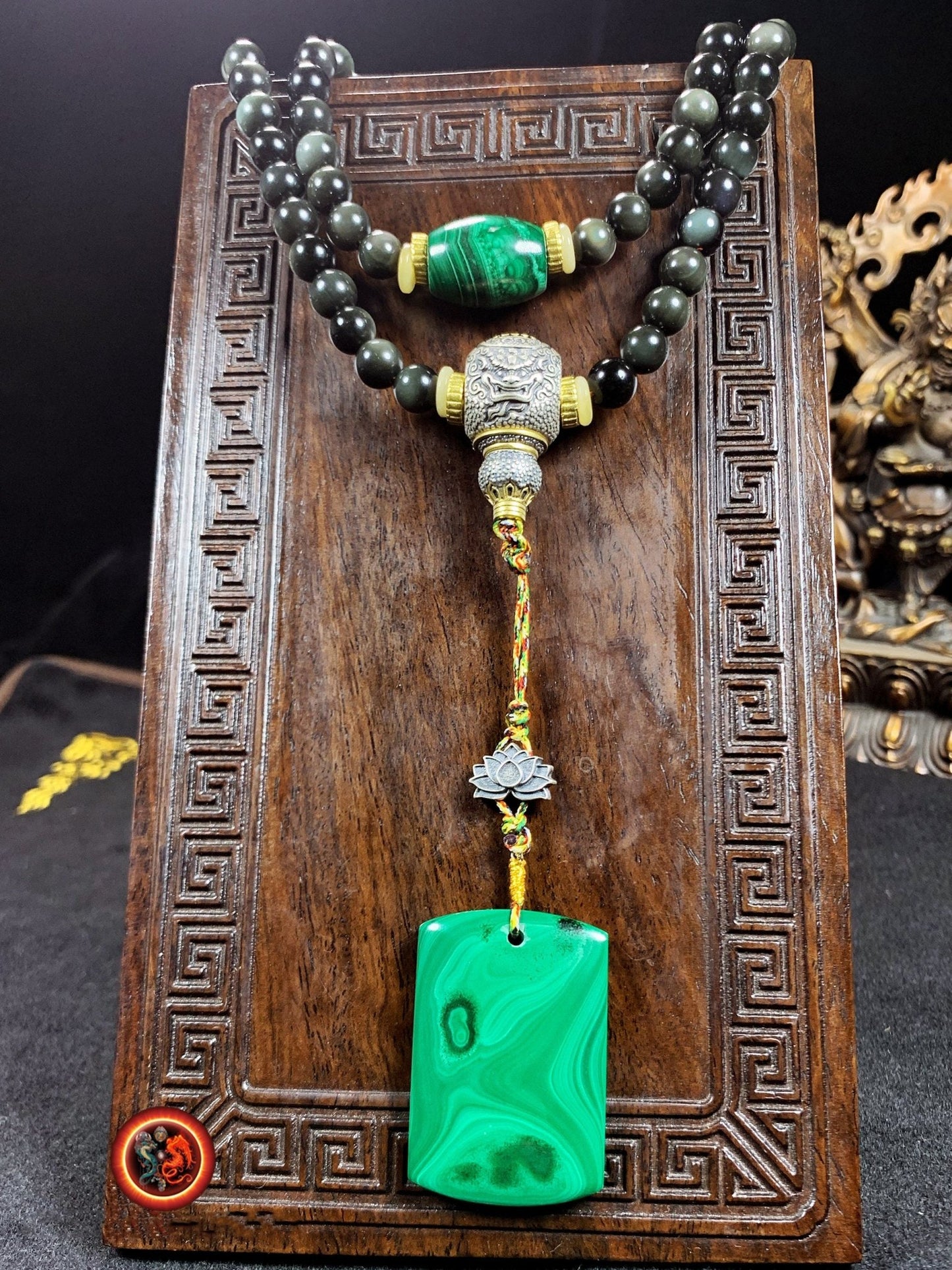 Mala, chapelet bouddhiste, tibetain. 108 perles d'obsidienne oeil celeste, malachite. Argent 925, cuivre plaqué or 18k, turquoise, agate. - obsidian dragon