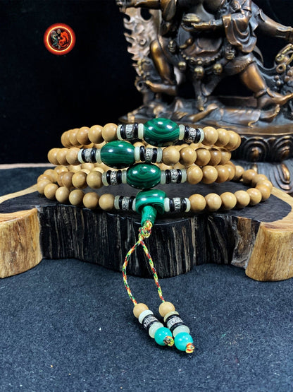 mala chapelet de méditation bouddhiste 108 perles santal rare et exceptionnel dit de "Laoshan", malachite, argent 925, os et corne de buffle - obsidian dragon