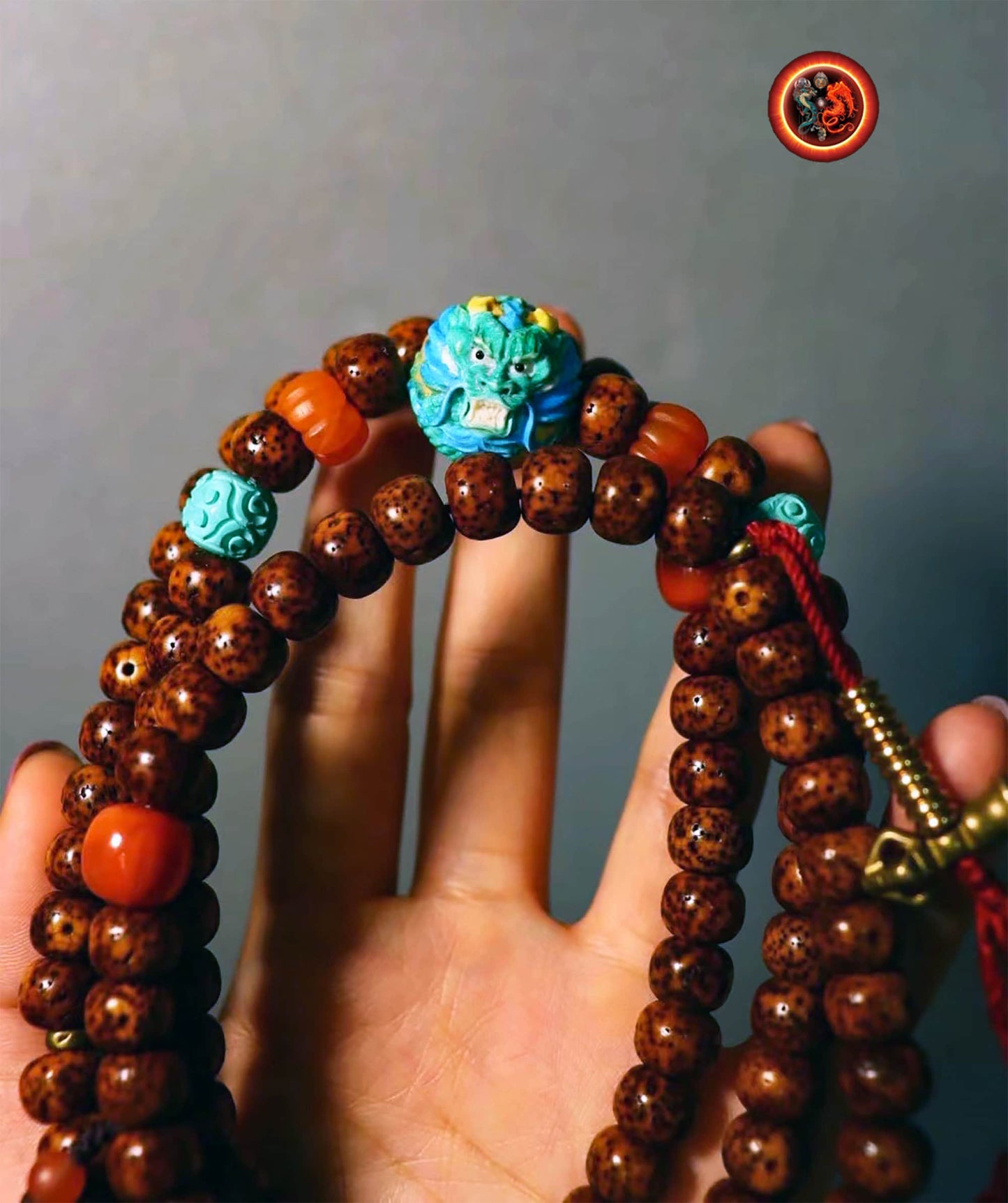Mala chapelet bouddhiste 108 perles de pipal (bodhi). Turquoise. Agate nan hong du Yunnan. Dragon en bois de cerf. mala traditionnel. - obsidian dragon