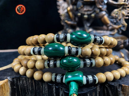 mala chapelet de méditation bouddhiste 108 perles santal rare et exceptionnel dit de "Laoshan", malachite, argent 925, os et corne de buffle - obsidian dragon