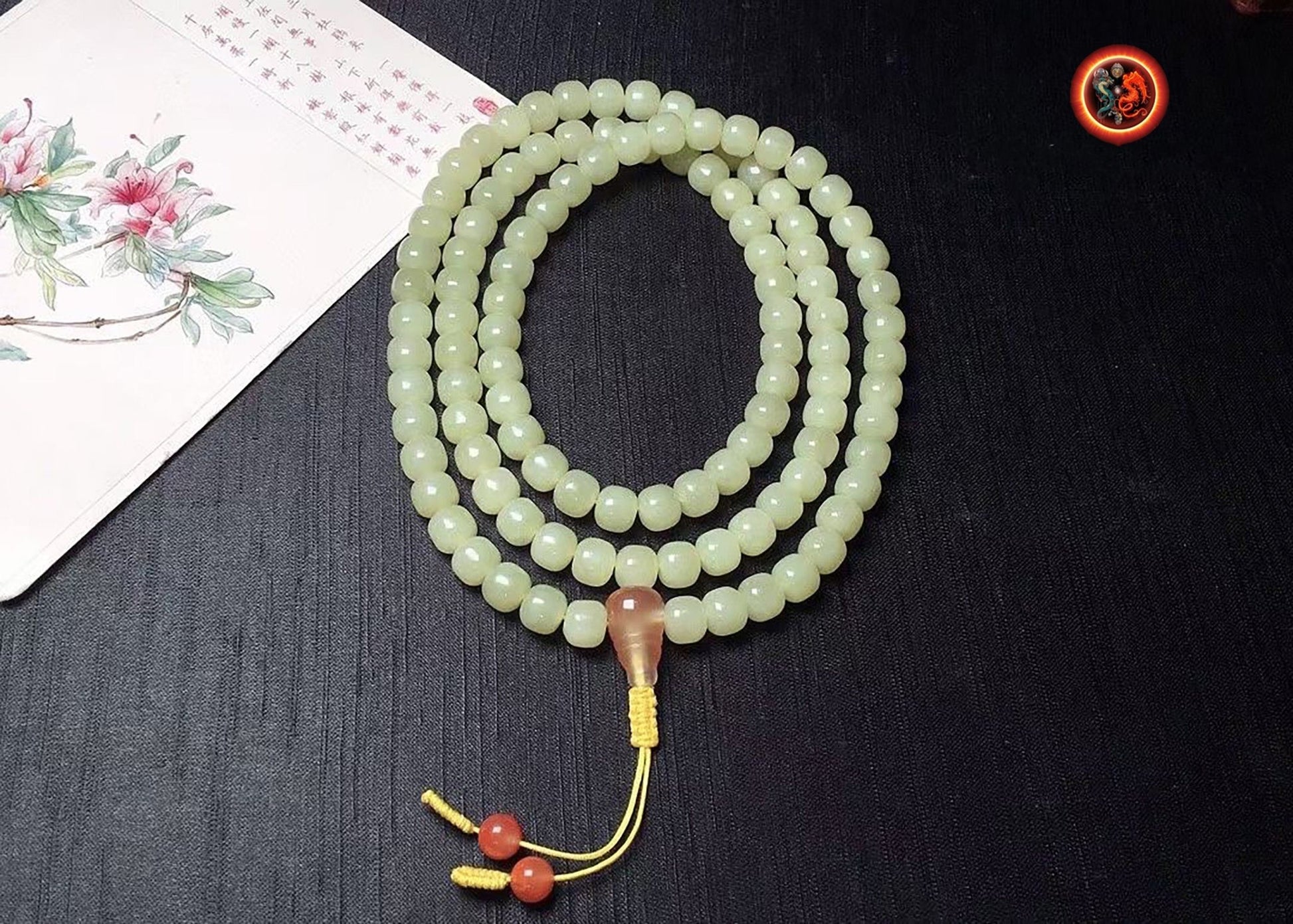 Mala chapelet bouddhiste Prière et méditation 108 perles de jade Nephrite exceptionnel entièrement naturel sans aucun traitement expertisé - obsidian dragon