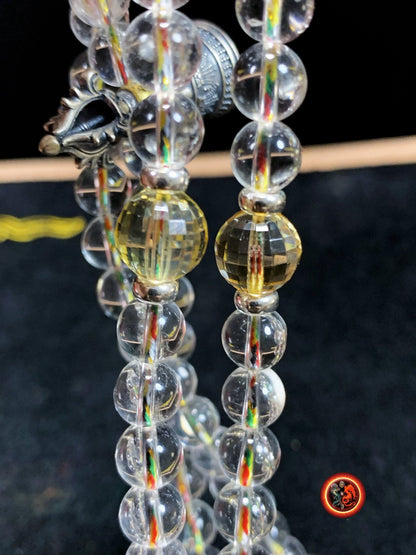 Mala, chapelet de prière et méditation bouddhiste. 108 perles de cristal de roche, citrine qualités gemmes. Ghau bouddha Amitabha, Guan Yin - obsidian dragon